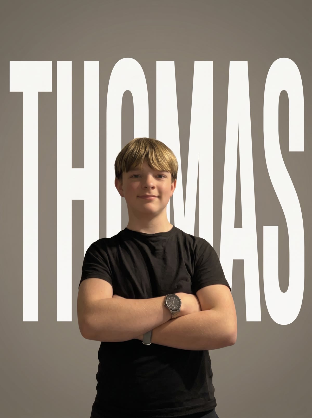 Thomas Conway, arms crossed, in front of his name set in giant white letters